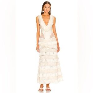 PatBO Plunging Fringe Trim Maxi Dress